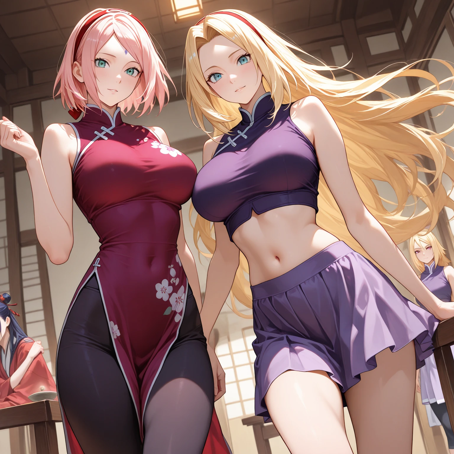 sakura haruno, exposed leg dress, maturebody, beautiful face, sultry posing, big buttocks, illustration, high resolution, ultra detali, realisitic, swirly vibrant colors, soft lighting, cherry blossom theme