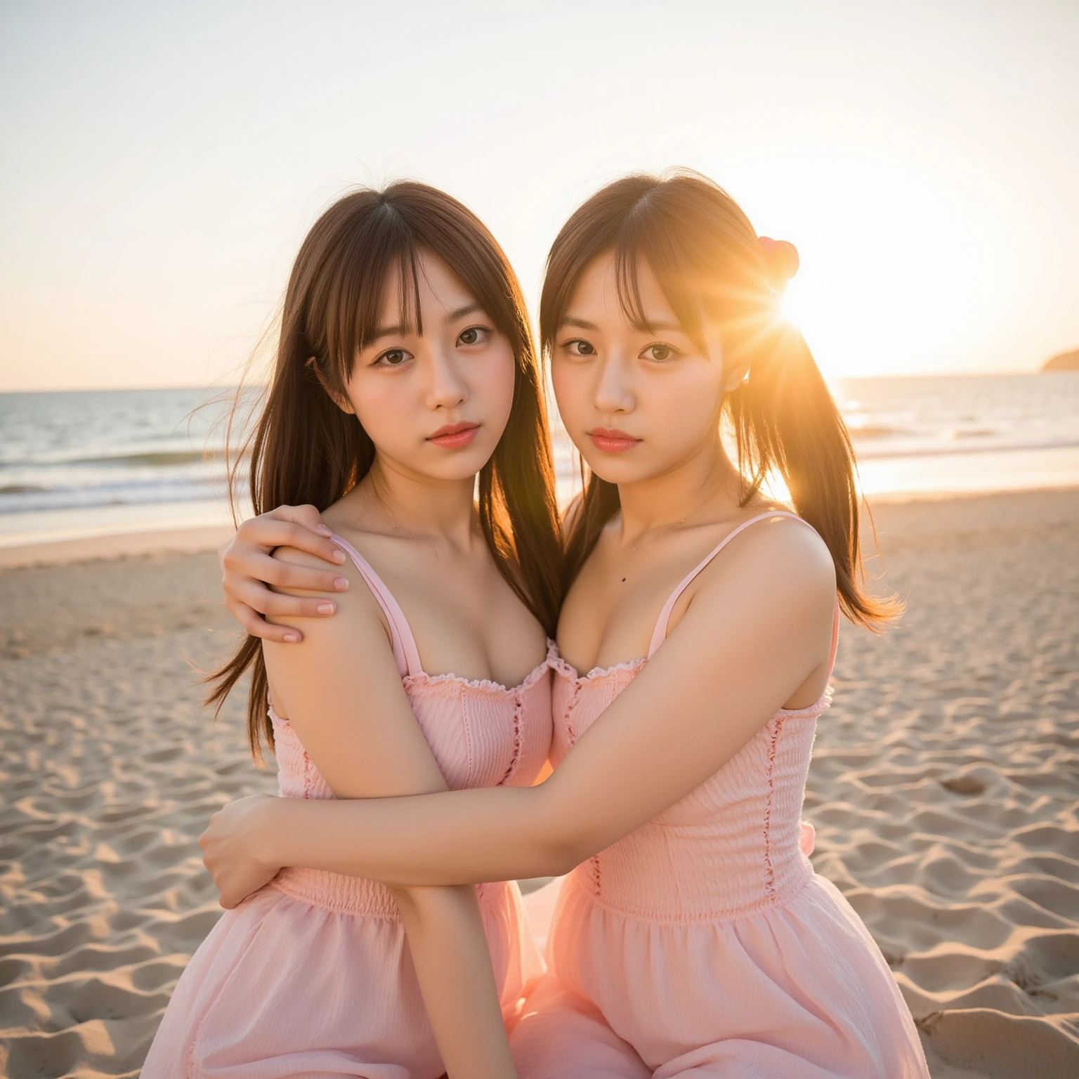 (2 girls:1.5),masterpiece, best quality, ultra quality, high quality, realistic, photo realistic, warm lighting,natural lighting,cinematic lighting,RAW photo, hyper detailed, intricate detailed, perfect anatomy, Fujifilm XT3,1girl,Japanese,(gyaru:1.3),(slender abs:1.3),(dark tanned skin:1.3),(sunburn tanline:1.3), (cleavage:1.3),large hip,(camel toe:1.2), (Dark blonde and pink mideum girly hair over one eye:1.2), (from front:1.5),(smile:1.3),(blushing:1.3),teary eyes,(standing:1.2),sunset,magic hour,blue moment,(walking:1.3),(beach,near the wave:1.1),(mideum shot), BREAK (wearing pastel color knee length sundress with floral pattern:1.3),(wind lift skirt:1.3), gal.safetensors,nipples stand,