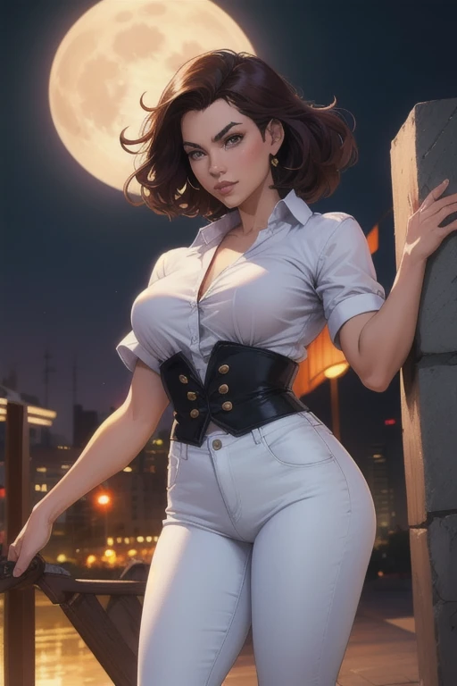 Mujer joven sexy. Vestida campera de cuero sin mangas. Falda corta. Noche en la ciudad. Una luna amarilla y grande en el cielo