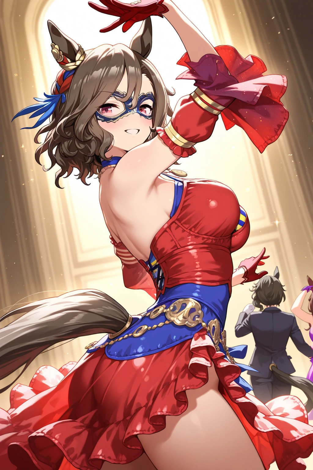 Highest quality, Official Art, masterpiece, Fabric Shading, High resolution, Very detailed, colorful, Best details, High leg samba micro costume:1.5, Burnt:1.9 Yuki Mori:1.5, 1 female, Age 25, Brown Hair, Medium Hair,Big Ass:1.9, {{{{{Dancing enthusiastically in a parade:1.9}}}}}, A bustling boulevard, sunny, skinny, {{Surrounded by male photographers:1.9}}, She has been photographed by many male photographers..:1.7, Confetti is falling, Blessed, welcome:1.5, Camel Toe:1.9, Ground level shot,Red feather,