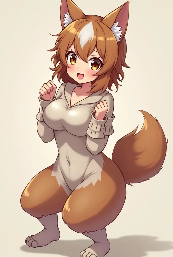 human with orange and white cat ears and tail with black shirt with big breasts and tail that looks more animal 