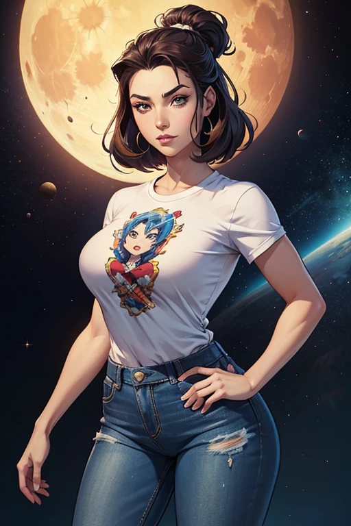 (((((1Young woman))), the anime, Green eyes, (black hair), Nice face, ssmile, the perfect body, Wavy Hair, hairlong, (((morena))), big breastes, ((tmasterpiece, beste-Qualit)), illustartion, ультра детализированная 8k, Photorealistic, sharp-focus, higly detailed, Professional lighting, colorful details, Rainbow colors, Glowing, intricate detials, Vivid details, (white tanktop), (Blue tunic), (white trousers), outer space, Planet, the stars, a space ship , ("Blue Beret"), White boots