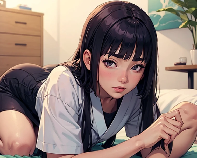 Cute mommy, mature women, realistic skin,perfect ,black hair, long hair, (hair over one eye:1.4), messy hair, hair between eyes, chubby, Sexy shirt , sweating,perspire,cute expression , bedroom