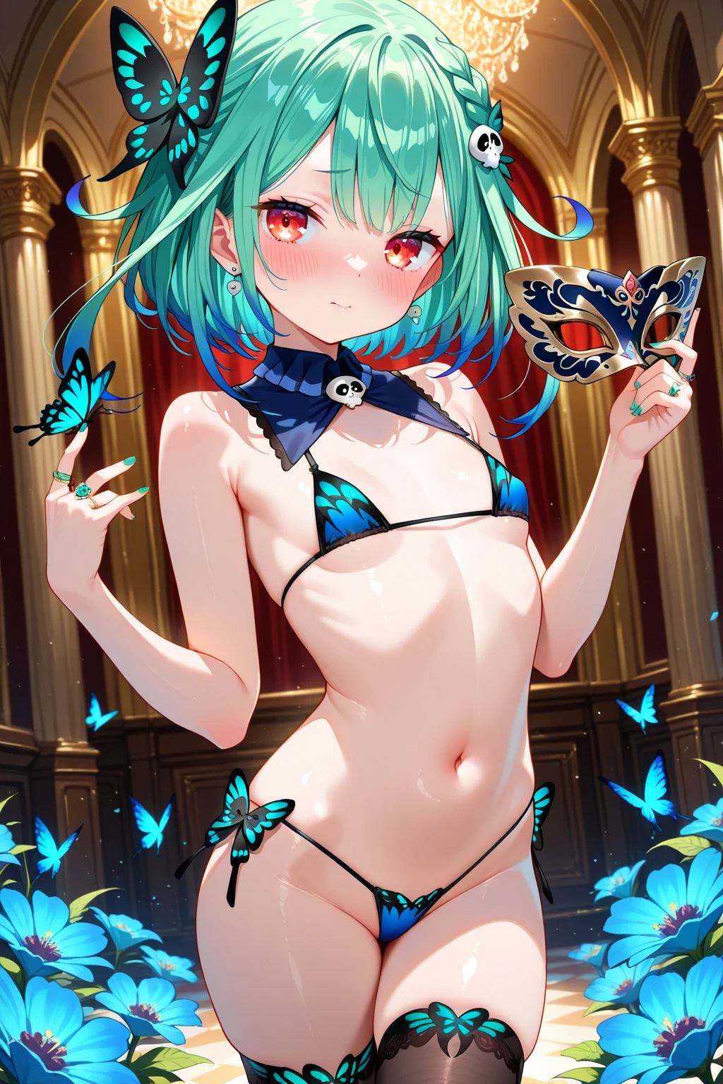 masterpiece, hightquality, hight resolution, absurderes, ultra-detailliert, A detailed eye, 8K, ti-emb_kobo-kanaeru, 1girl, Colorful eyes, tusk, open open mouth, bangss, colorful backdrop, looking at the viewers, Vibrant contrasts, gradation hair, Happy, graffiti wall background, splash water, a closeup, 2D, masterpiece, 最hightquality, animesque, extra detailed face, 非常にA detailed eye, highlydetailed skin、extremely detailed nipple、small areolas、Very flat chest、Very small milk、highly detailed back ground, Perfect litthing, 1girl in, 独奏, rushia_blue, Green hair, shorth hair、double bun、toppless、in one's underwear only、butterflys、skull hair ornament、a smile、Inorganic interior