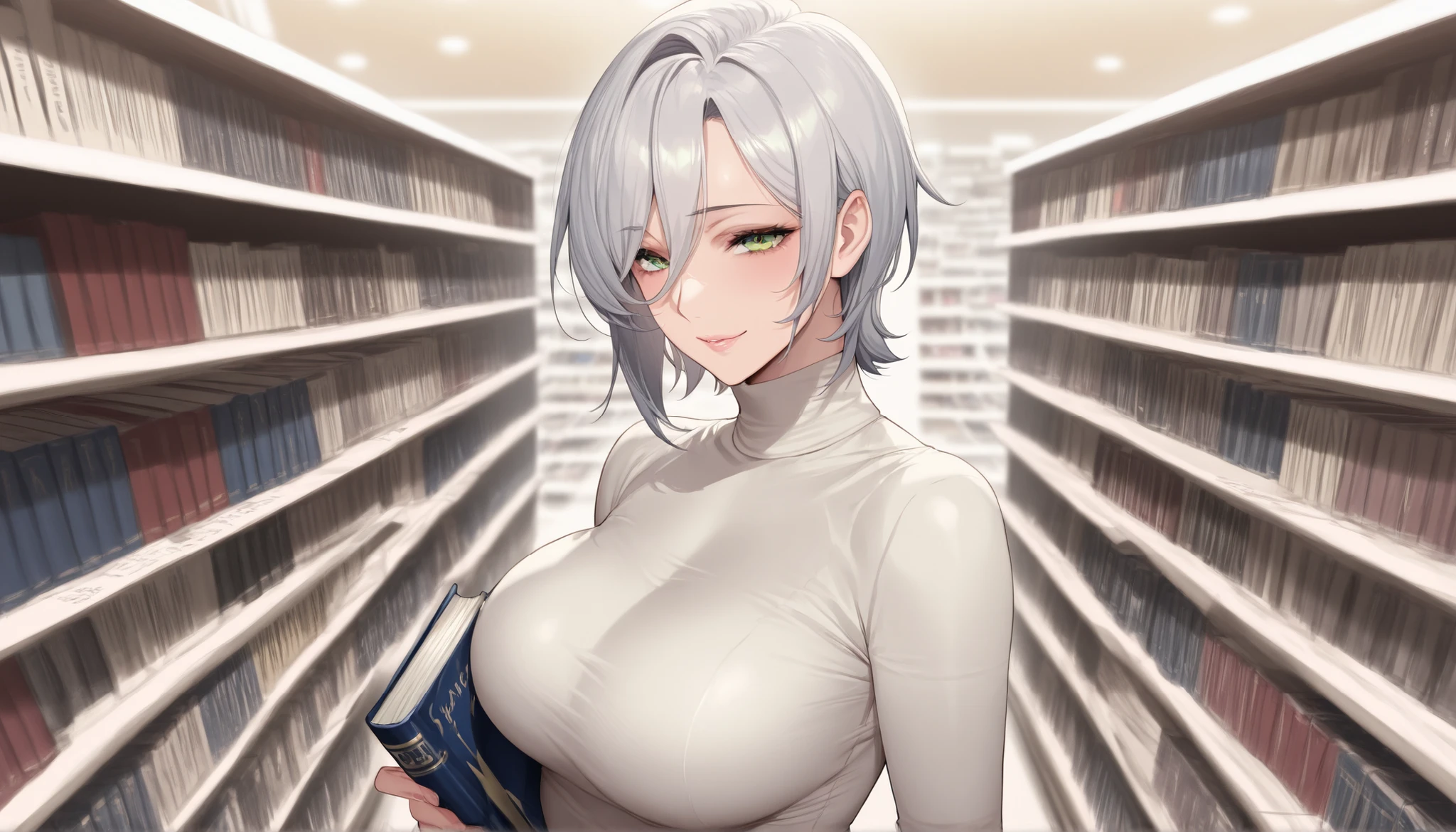 1 woman in the body、Beautiful woman、is cool、mature、Mean、is cool、short hair、 Silver Hair、green eyes、Bad guy、beautiful、detailed、masterpiece、top quality、Turtleneck、book store

