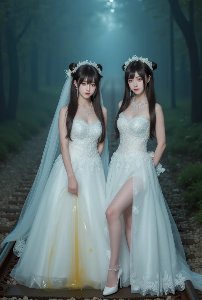 Sisters, Milky Way, Crescent Moon, Meteor Shower, Silver Hair, Feathered Angel Wings, Elven Ears, Realistic Body Lines, (((Many long white lace veils flutter in the wind))),((Red tattoo with womb under the navel))))), ((((Dirty crest))), naked nsfw, exposed breasts, exposed , big breasts, angels, wings at the back