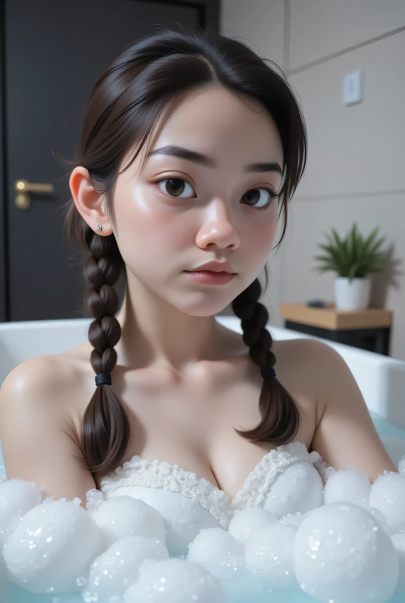 The facial reaction is very gloomy and sad, CREATE ANIME CARTOON 3D PHOTO, "A highly realistic, ultra-detailed portrait of a woman relaxing in a bubble bath, captured in the best settings of a SONY A7R with a fast prime lens (f/1.8). The scene features a minimalist bathroom with soft, natural lighting, emphasizing the subject's smooth skin, delicate facial features, and the dynamic texture of the foam. Hyper-detailed textures, cinematic lighting, and a sharp focus create an immersive depth. 32K resolution, photorealistic rendering, skin pores and water droplets visible, ultra-sharp image, professional photography style." Wajah KELIHATAN muram Dan sedih, Two braids hairstyle Left and right