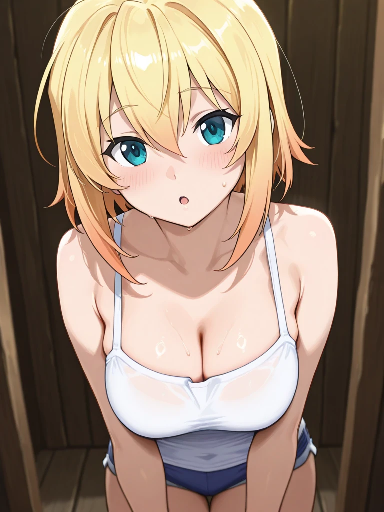 Screenshot of tokyo revengers, She has blonde hair, blue eyes and has a cute body, small waist, big breasts, and has 1 Bonten tattoo. She wears a transparent red baby doll.