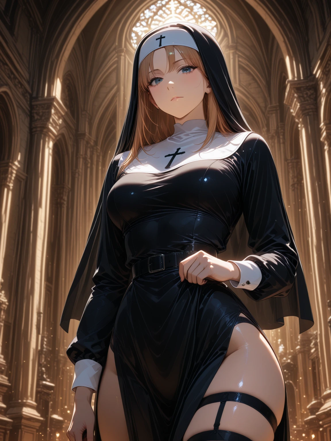 25-year-old girl, In a monk's cassock, nun, with stockings, generous cleavage, full-body-shot, thigh gap, torn suntanned skin. (intricate details:0.9), (HDR, hyper-detailing:1.2), (natural skin textures, hyper realisitc, soft light, Sharp), Photos in RAW and 35mm format, (Intricate Detail 1.5). ((Crucifixion)), (((scared))), ((cameltoe panty))