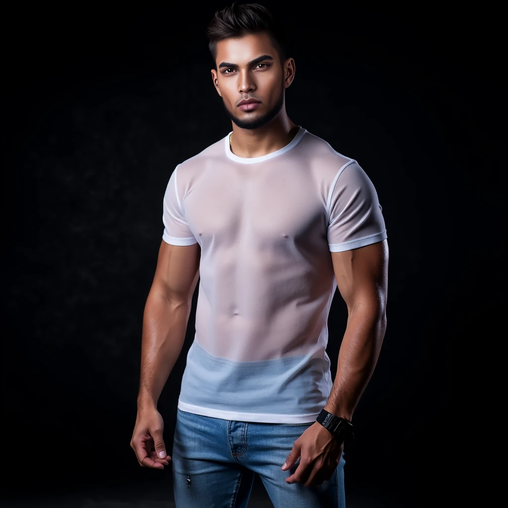 A base model of a handsome indian  man , looking at the camera, sad expression, , t shirt, abbs , messy hair , detailed eyes, detailed face, detailed background, masterpiece , head to thighs on focus 