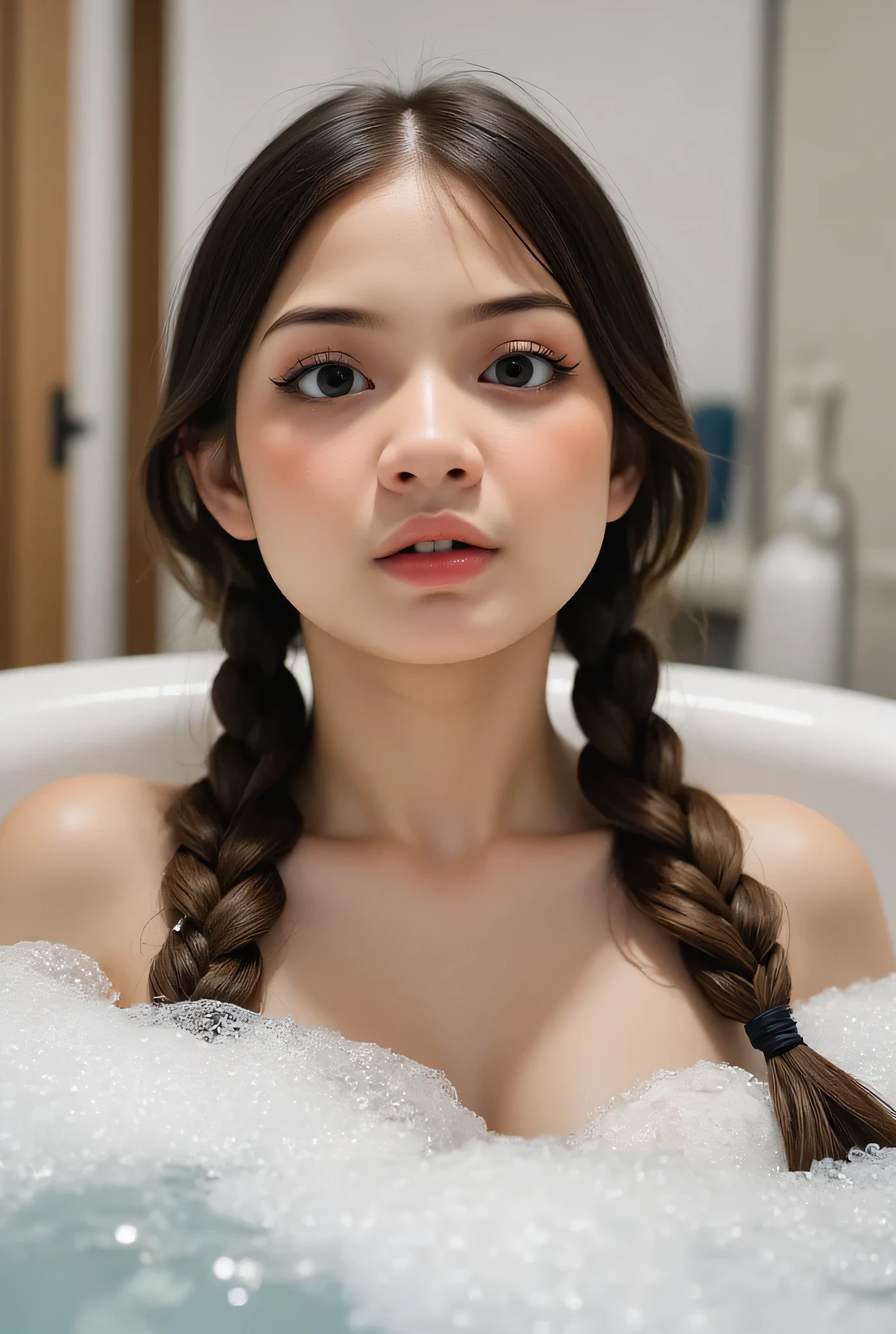 The facial reaction is very gloomy and sad, CREATE ANIME CARTOON 3D PHOTO, "A highly realistic, ultra-detailed portrait of a woman relaxing in a bubble bath, captured in the best settings of a SONY A7R with a fast prime lens (f/1.8). The scene features a minimalist bathroom with soft, natural lighting, emphasizing the subject's smooth skin, delicate facial features, and the dynamic texture of the foam. Hyper-detailed textures, cinematic lighting, and a sharp focus create an immersive depth. 32K resolution, photorealistic rendering, skin pores and water droplets visible, ultra-sharp image, professional photography style." Wajah KELIHATAN muram Dan sedih, Two braids hairstyle Left and right
