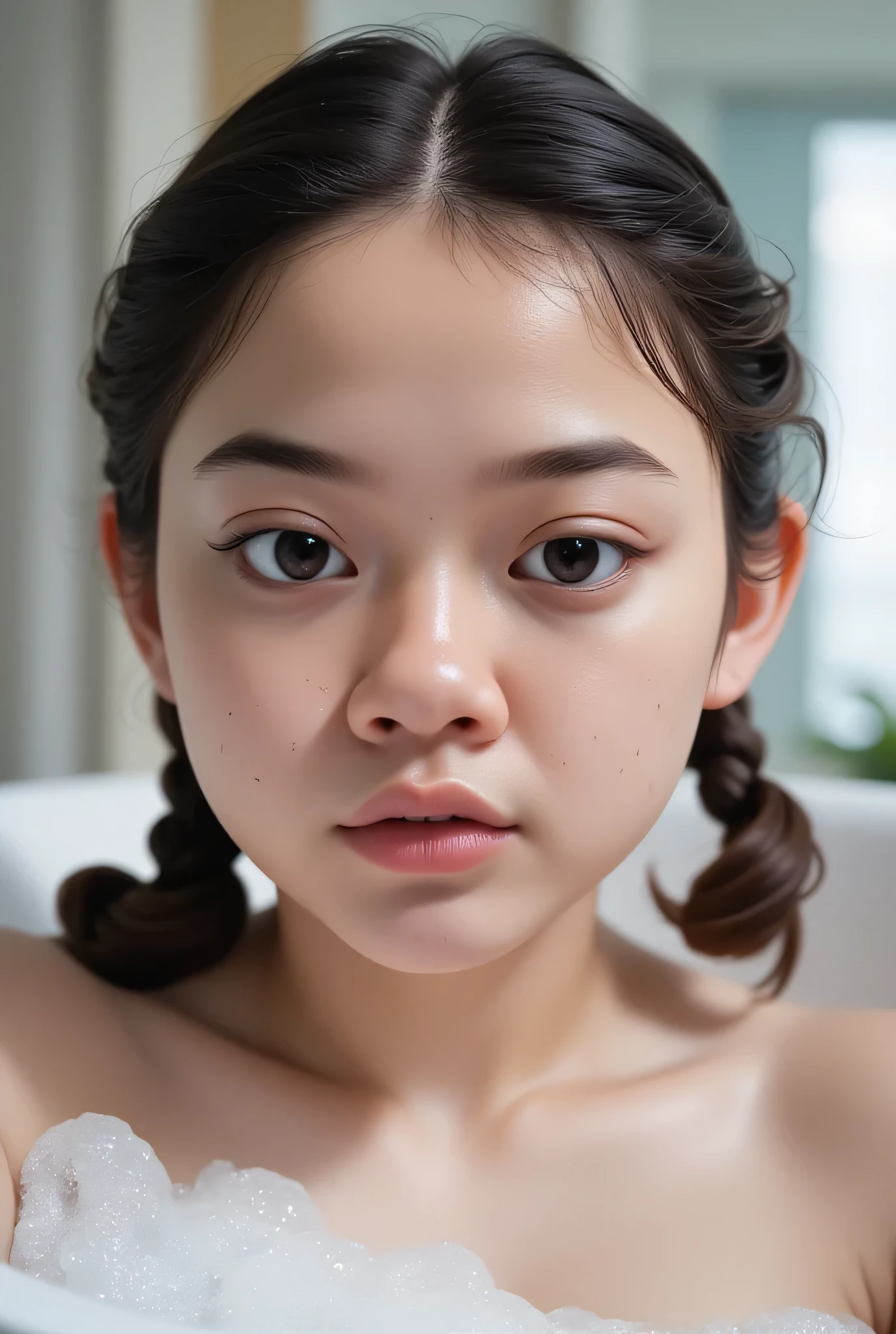 The facial reaction is very gloomy and sad, CREATE ANIME CARTOON 3D PHOTO, "A highly realistic, ultra-detailed portrait of a woman relaxing in a bubble bath, captured in the best settings of a SONY A7R with a fast prime lens (f/1.8). The scene features a minimalist bathroom with soft, natural lighting, emphasizing the subject's smooth skin, delicate facial features, and the dynamic texture of the foam. Hyper-detailed textures, cinematic lighting, and a sharp focus create an immersive depth. 32K resolution, photorealistic rendering, skin pores and water droplets visible, ultra-sharp image, professional photography style." Wajah KELIHATAN muram Dan sedih, Two braids hairstyle Left and right