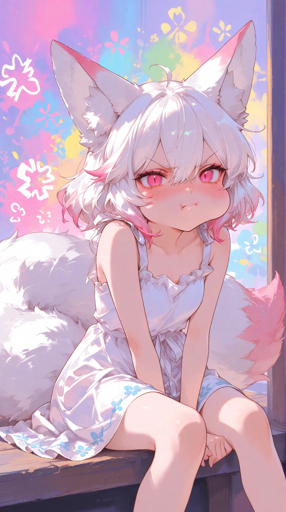 masterpiece, highest quality, Detailed background, cute panties、cute, small, Gray Hair, short hair, white fluffy cat tail, White cat ears, small size, whole body, Purple eyes, fluffy, fluff ears, alone, detailed, girl, cutetech, pastel colour, cute, cute colors
