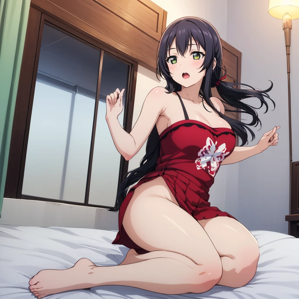 masterpiece, highest quality,athena asamiya, long hair, (purple eyes:1.1), red hairband,solo,((tall)), ((lie on one’s back)),slim, 繊細なfacial details, facial details, Full body Esbian,((Glossy string bikini:1.3))、curvaceous legs、boudoir、bed、bedの上、scary expression,open mouth