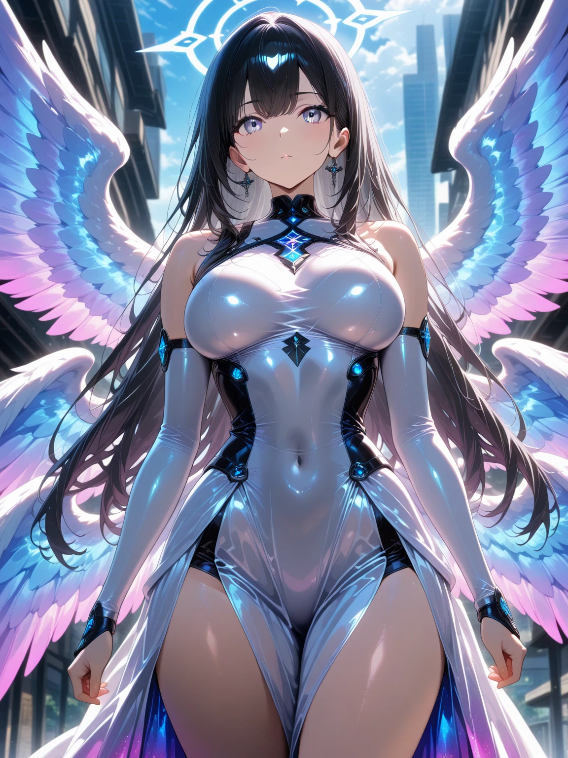 (Obra de arte), melhor qualidade, olhos expressivos, rosto perfeito, (fechar-se), (Corpo perfeito), (totalmente vestido), (Rostos detalhados), (Angel Illumination), (Armadura do anjo preto), (Lightning Swords), (sfw), (grande afro), (Afro Lightning), (armadura reveladora), (olhos brilhantes), (mulato), (tom de pele bronzeado escuro), (electric wings), Black Lips, Sombra escura, (detalhe extra), (asas de anjo negro), (tatuagens brilhantes), (seios enormes), (labios grandes), (olhos roxos), (rosto bonito), delgado, (beautiful hands)