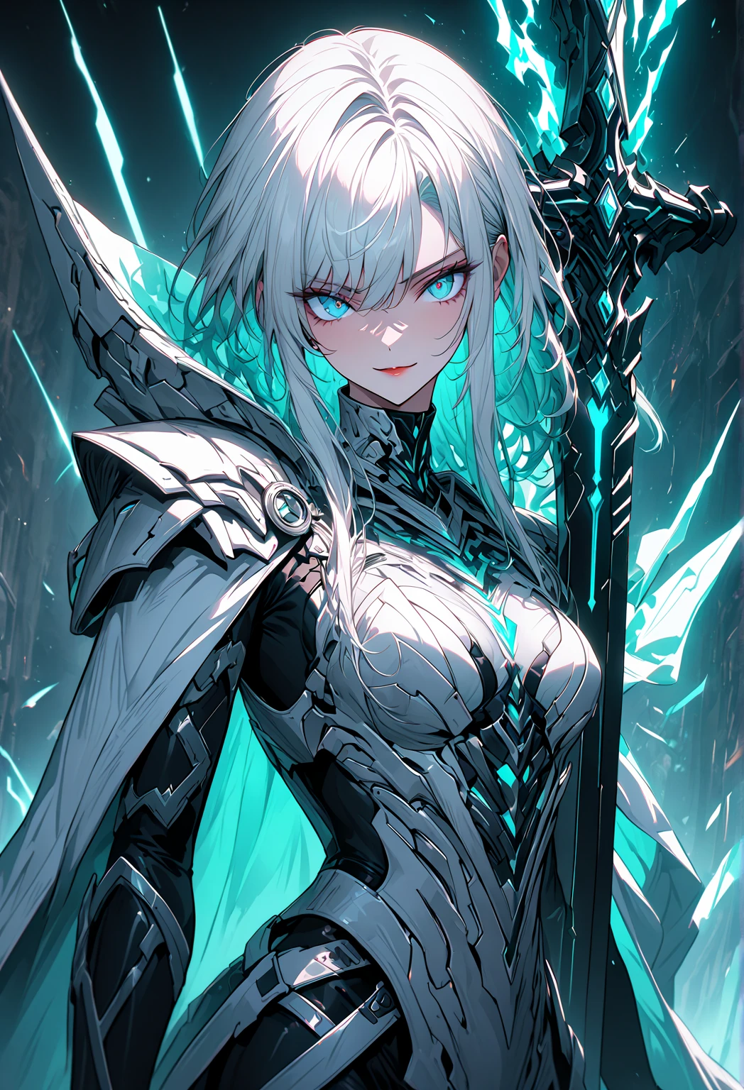 female elf necromancer, silver hair, white skin, emerald eyes, sinister aura black full leather armor, completely full body art, pointy ears, two-handed scythe weapon