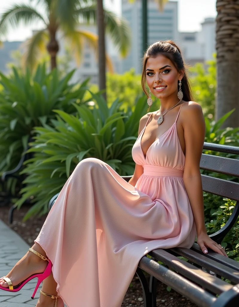 Macedonian woman standing, (northern macecoid), ((in the city of Skopje)), jolie corps, nice face, smirk, beautiful dress, sunbathing, (((in the Skopje bazaar)))