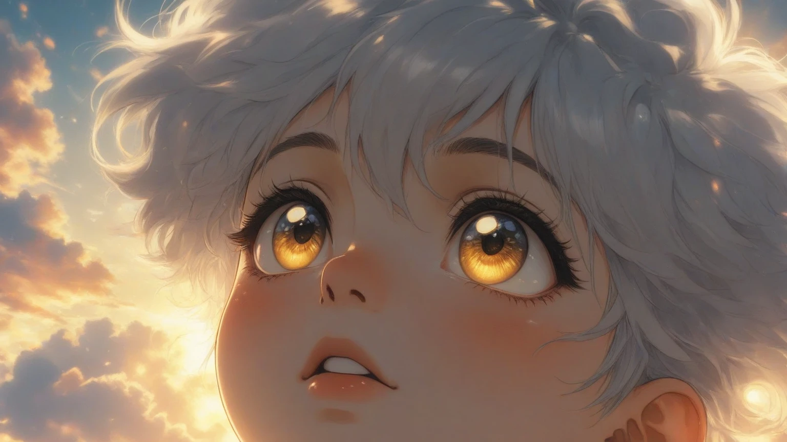 Close-up of a young child’s curious face with big eyes looking up at the clouds, warm golden light, animated style, soft textures