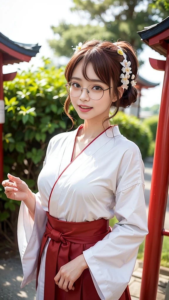 shrine maiden、Crimson too、Shrine maiden attire、ceremony、shrine、within the territory、Long Hair、beautiful girl、Clear Skin、Oracle、The is slightly open、cowboy shot,shrine maiden outfit,red skirt,Glasses、