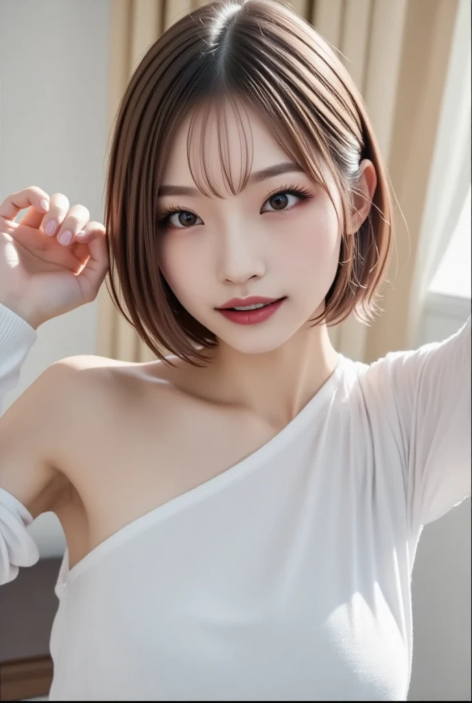 (masterpiece:1.3), high resolution, ultra detailed, extremely detailed CG unity 8k wallpaper, realistic, photo-realistic, RAW photo, beautiful detailed face, pale skin, realistic glistening skin, detailed cloth texture, detailed hair texture, Perfect body, Beautiful Face, accurate, Anatomically correct, Highly detailed face and skin texture, natural neck length, (beautiful hands), (fair skin:1.1), (well-aligned teeth:1.1), (Sweaty skin:1.2), 
BREAK, 
Detailed eyes, symmetric eyes, Light Brown eyes, Double eyelids, Thin eyebrows, (Glossy lips:1.4), ((A face with waiting for a kiss:1.2)), (blush:1.1), (A sparkling small hair accessory:1.1), (beautiful smile:1.1), (having microphone:1.3),
BREAK, 
(A classy and Cute idol:1.3), (nude, nsfw, nipple:1.4), 
BREAK, 
large breasts, slender figure, firm abs, 
((bob cut, black hair, bangs:1.2)),  (cowboy shot:1.2), (looking at viewer), cowboy shot, From above, 
BREAK, 
 (singing on stage:1.3),
