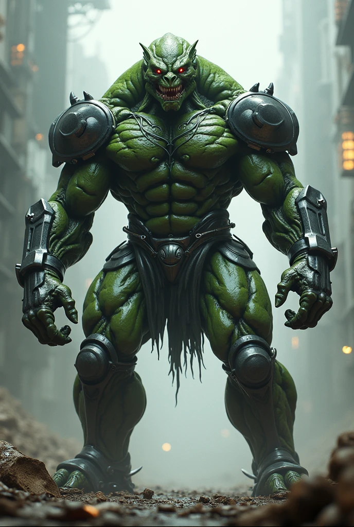 Green juggernaut with no armor holding a fire axe across his left shoulder, walking across a damaged street