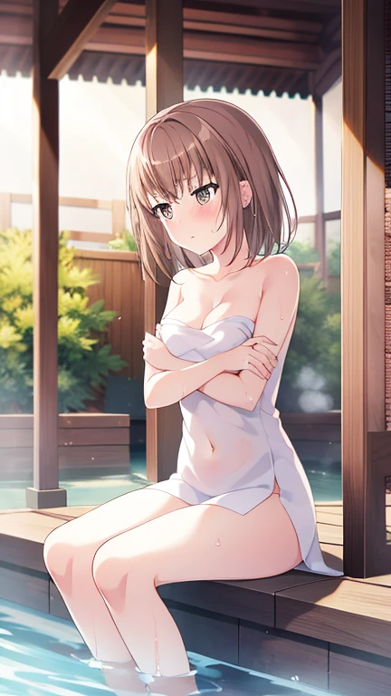 1 girl, alone, breast, navel, Brown_hair, sitting, blush, short_hair, cover, nude, watching_leave, arrivewel, cover_breast, hot spring, Bangs, Awkward, closure_Mouth, clavicle, Brown_Eye, soak_foot, water, watching_arrive_this_side, outdoor, Moderate_breast, kaarriveu_benefit, split, fence, cross_arms, Complete land_nude, steam,