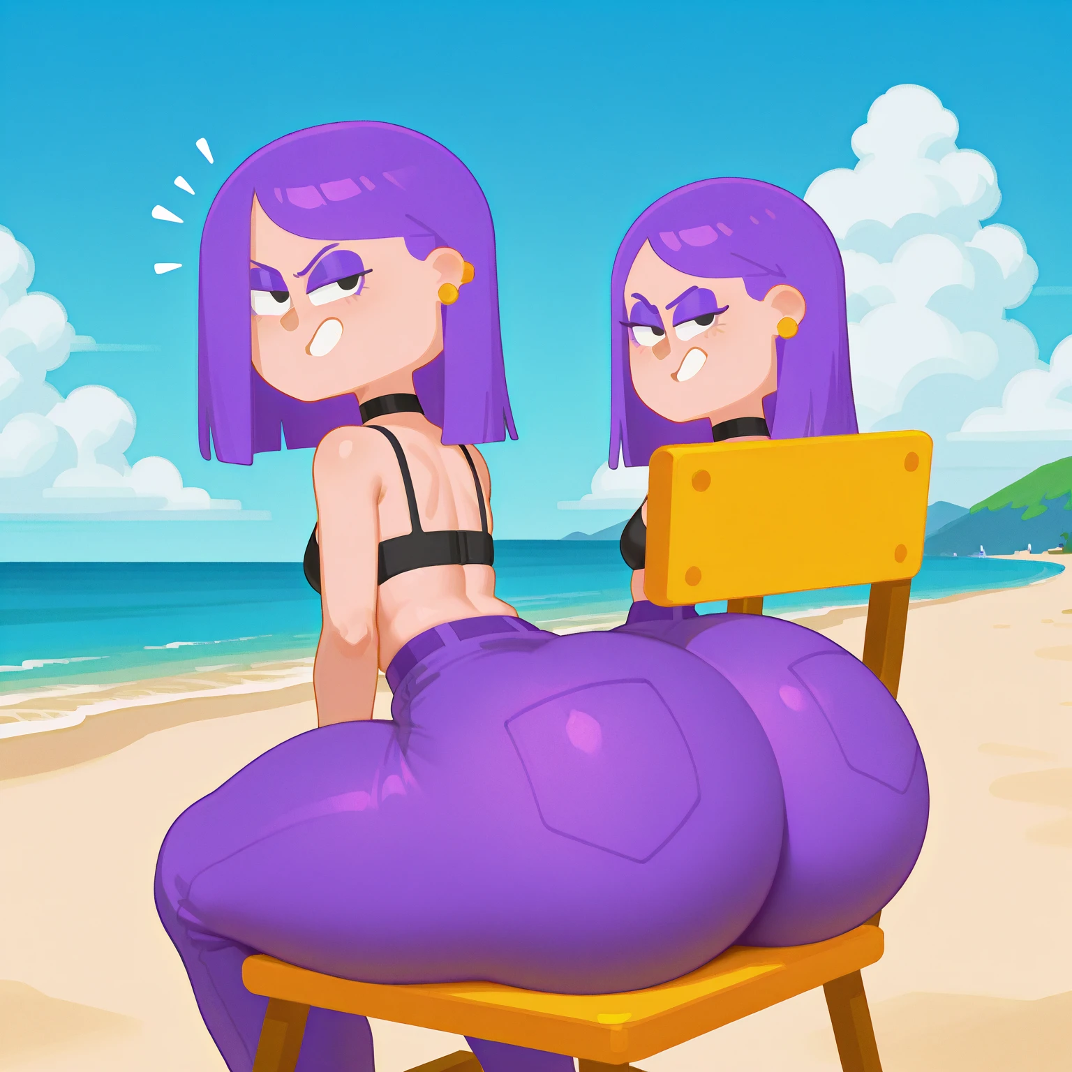 score_9, score_8_up, score_7_up, score_6_up, score_5_up, source anime, BREAK, (2girls), ass-to-ass, huge ass, medium breasts, long hair, wet hair, tanlines, swimsuit, bent over, hands on own knees, looking back, smug, smile, furrowed brow, ass press, skindentation, from side, cowboy shot, outdoors, pool