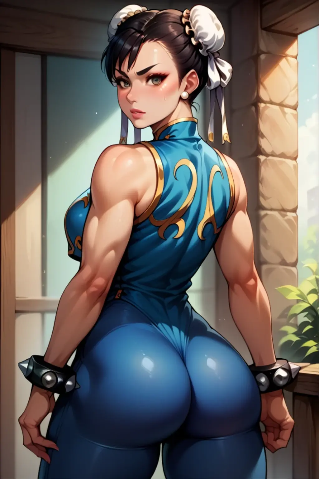 score_9, score_8_up, score_7_up, BREAK, score_9, 1girl, chun-li (\street fighter)\, black hair, brown eyes, makeup, eyelashes, short hair, breasts, looking at viewer, standing pose, lips, alpha_costume, blue bodysuit, blue leotard, blue vest, sleeveless, cowboy shot, ass, from behind,
