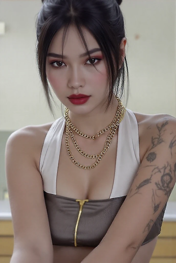 best quality, masterpiece, highres, 1girl, Beautiful face, photorealistic, 8k, UHD, long hair, arm tattoos, tattooed, toned abs, Asian, female, dark skin, wearing smart casual clothes, coffee shop, sitting, (high detailed skin:1.2), 8k uhd, dslr, high quality, candid, Photograph, high resolution, 4k, 8k, alone, one girl, she is wearing smart casual clothes, woman in smart casual wear, smart clothes, walking, coffee