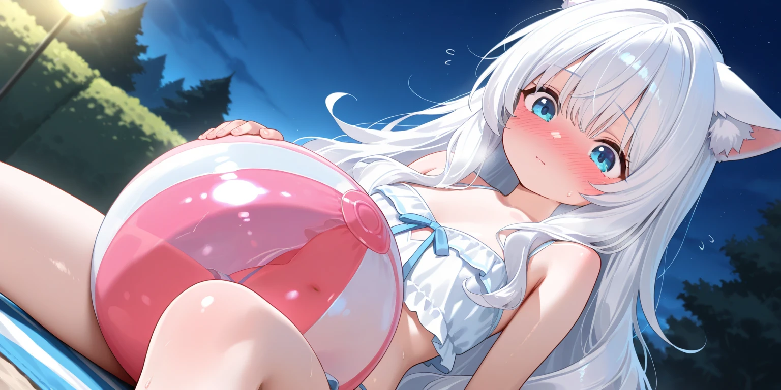 (8K, Highest Quality, Masterpiece:1.3)), Ultra HD, (2 girls, Duo), (Color changing eyes, Ultra detailed, Expressive glow, Sparkling eyes), Very detailed eyes, Very detailed face, Random hair, (Silver grey color), Exposed, Side by side, Erect nipples, One piece, (Cute panties:1.3), (Blush:1.3), Breath, White skin, Seductive, Cleavage, Wet panties, Sandy beach overseas, Angle from below, Sunset, Vibrator in panties, Pussy juice dripping down thighs