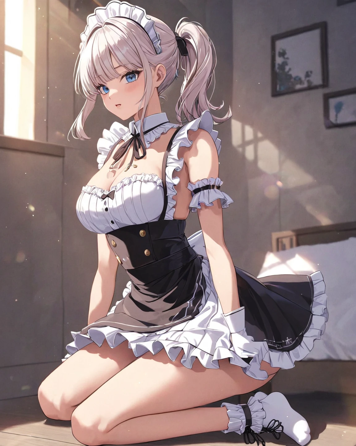 a perverted maid, seductive maid outfit, no bra, thong, perfect pose, extremely detailed, high resolution, 8k, 