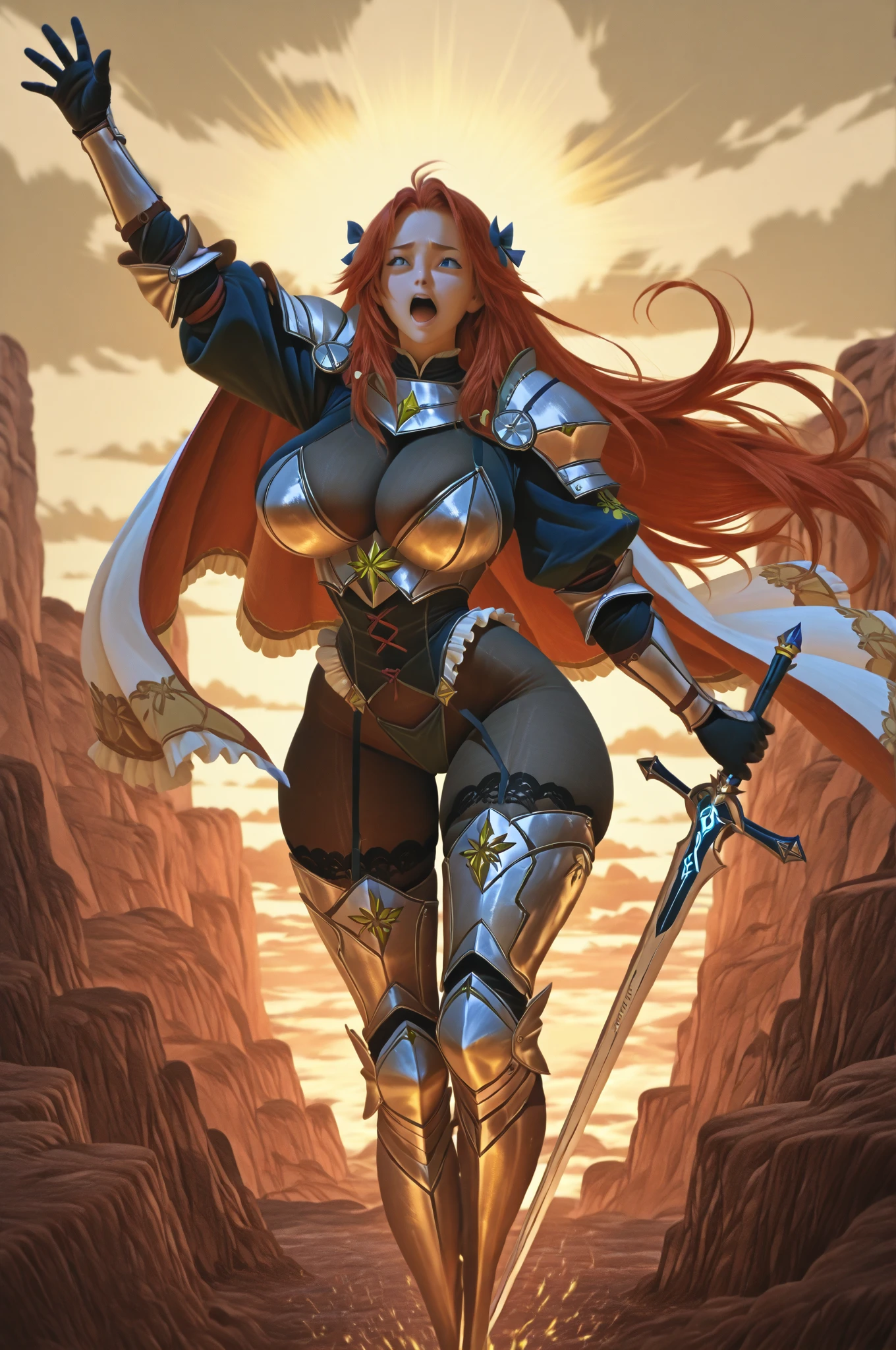 MaleniaDef, red hair, armor, cape, helmet, brown dress, MaleniaRot, wings, coverd eyes, scar, butterfly, bug prothestic leg, single mechanical arm, prosthesis