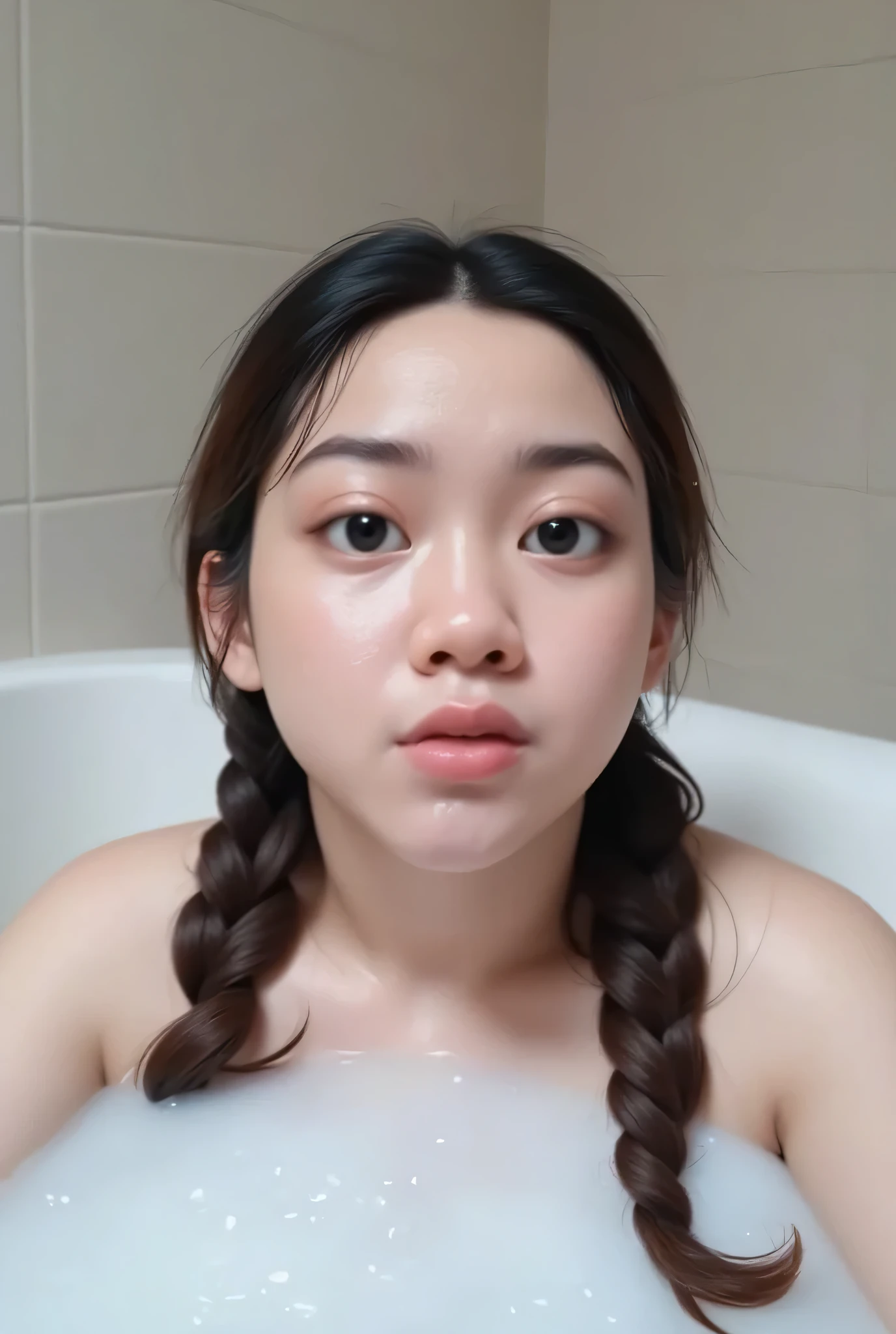 The facial reaction is very gloomy and sad, CREATE ANIME CARTOON 3D PHOTO, "A highly realistic, ultra-detailed portrait of a woman relaxing in a bubble bath, captured in the best settings of a SONY A7R with a fast prime lens (f/1.8). The scene features a minimalist bathroom with soft, natural lighting, emphasizing the subject's smooth skin, delicate facial features, and the dynamic texture of the foam. Hyper-detailed textures, cinematic lighting, and a sharp focus create an immersive depth. 32K resolution, photorealistic rendering, skin pores and water droplets visible, ultra-sharp image, professional photography style." Wajah KELIHATAN muram Dan sedih, Two braids hairstyle Left and right