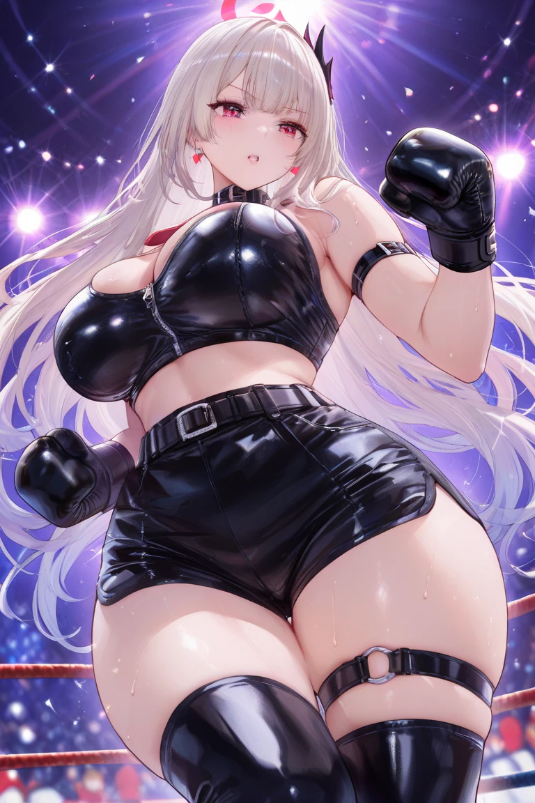 1girl, evelol, white hair, earings, wearing (kda attire), cropped (blue jacket), bdsm, bra, headshot, big breasts,large ass,hand behind head,sexy pose