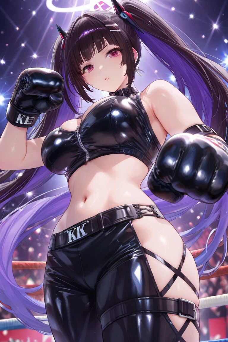 actual, 1 girl, Ponytail, Purple Eyes, Sexy Lingerie,Black tights,open mouth, blush, Boxing gloves,Big Breasts,Cleavage,nipple