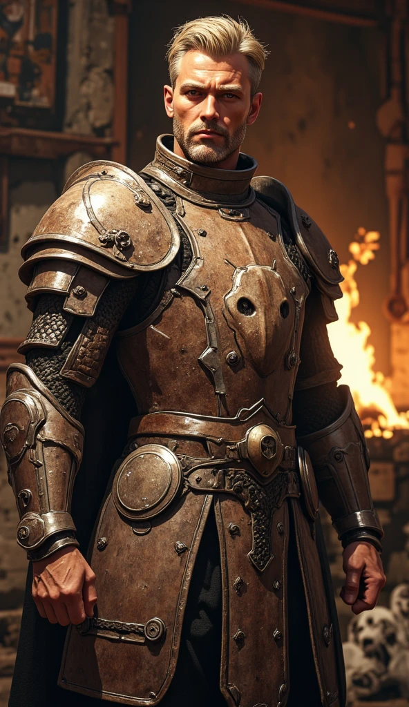 Masterpiece, best quality, high detail, by Gaston Bussire, Claude Monet, Artstation, flame particles, light particles, (Zoomed Out:1.3), Golem, armored, full armor, metal skin, metal face, full helmet, inside a metalworking factory