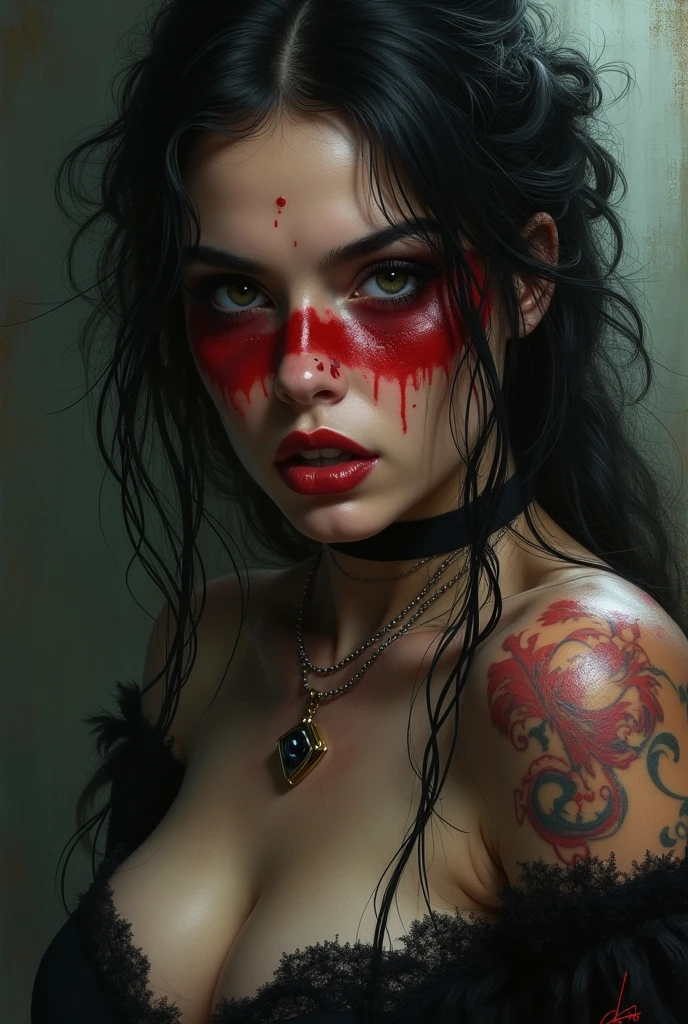 ((NSFW)), ((Mediovale)), uma mulher Tiefling, reddish skin, ram horns,  ((full body)), completely white eyes, scar on the lips on the right side, Bblack hair, hair tied in a bun, scraping both sides, a braid on each side of the bangs.