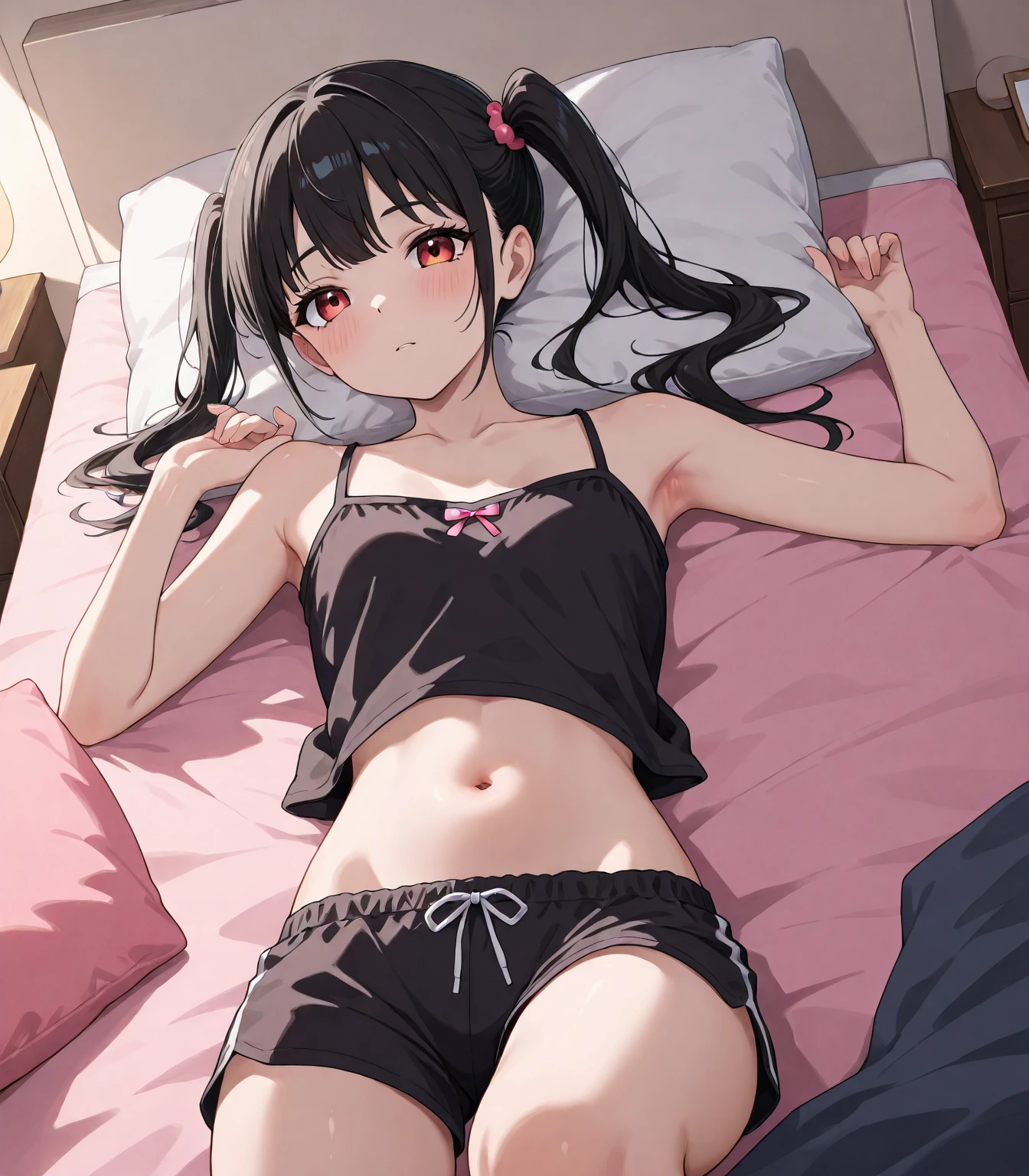 Best Quality, masterpiece, ((Solo, 1girl)), Komi shouko, fine detailed shiny eyes, medium chest, high resolution, best lighting, extremely detailed illustrations, blush, embarrassed, smile, open mouth, crotch seam, cameltoe, day, very NSFW, no bra, no shirt, very hot, extremely aroused, very small panty, vaginal squirting, thong panty, female orgasm, female masturbation,