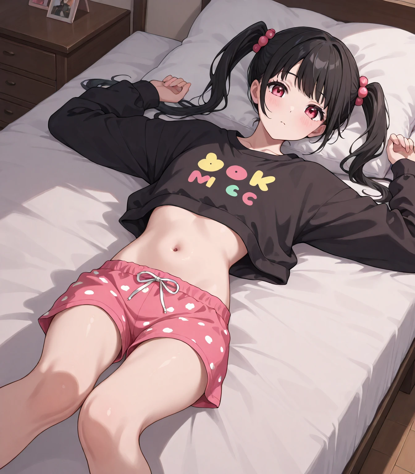 One black haired gyaru on a bed wearing a shirt and only wearing panties