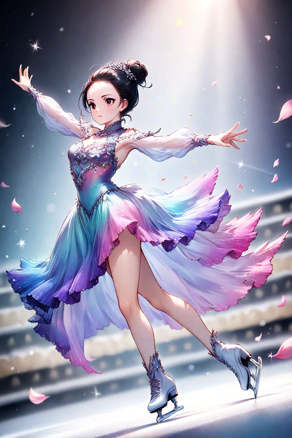 1girl, figure skater, iceskating, black hair, hair bun, forehead, elegant costume, sheer and colorful materials. shimmering bodice, black and violet gradient dress, outstretched arms, perfect landing, leg pointed towards the sky, spotlight, blurry background, solo, dynamic pose, petal themed dress, (perfect hands:1.2)