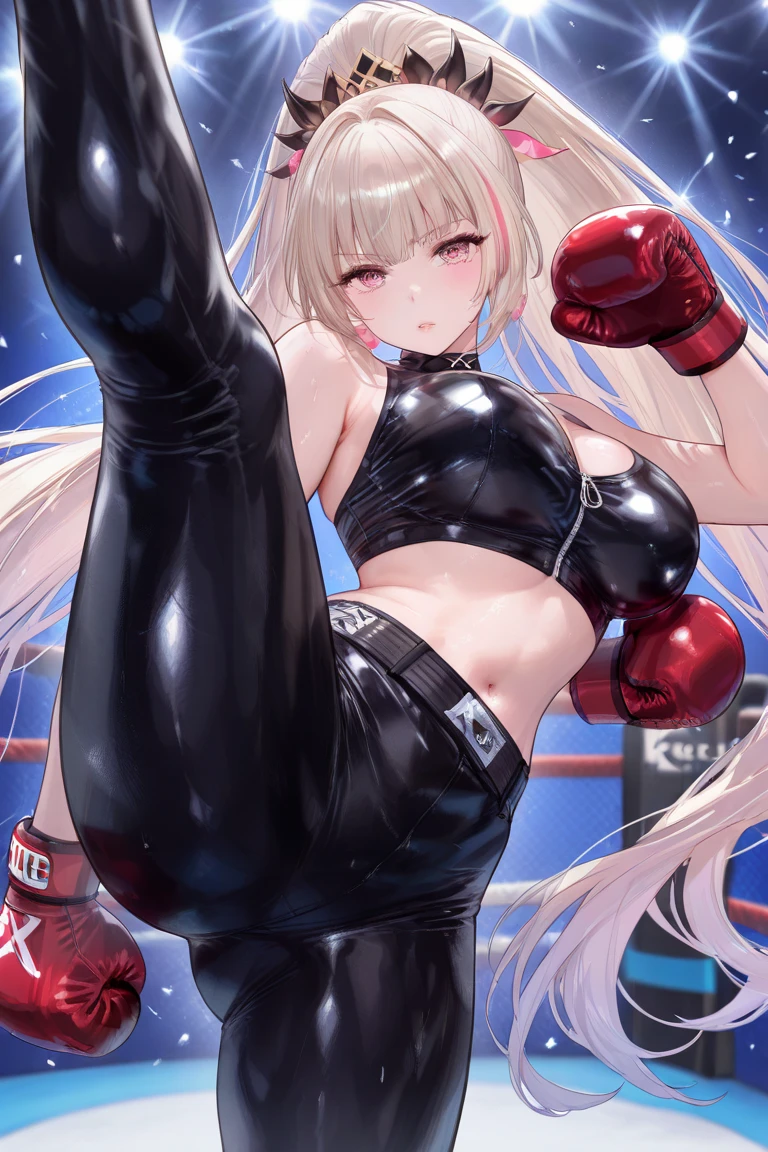 korean beautifull girl,18 years old,Pretty Face,Good shape,detailed picture, Shy expression, blush,White long hair, Wear a bikini,Wear black pantyhose,high-heel boots, Wearing black boxing gloves,Black sleeves on arms, Kneeling in a sexy pose on the boxing ring,Large Breasts,Cleavage,Long legs,Thin waist,nipple,Camel toe