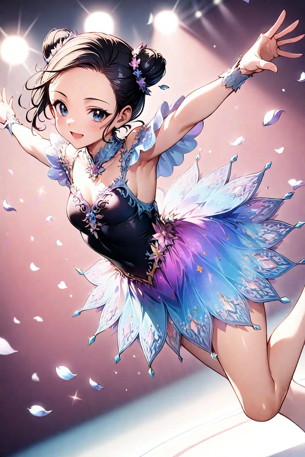 1girl, figure skater, iceskating, black hair, hair bun, forehead, elegant costume, sheer and colorful materials. shimmering bodice, black and violet gradient dress, outstretched arms, perfect landing, leg pointed towards the sky, spotlight, blurry background, solo, dynamic pose, petal themed dress, (perfect hands:1.2)