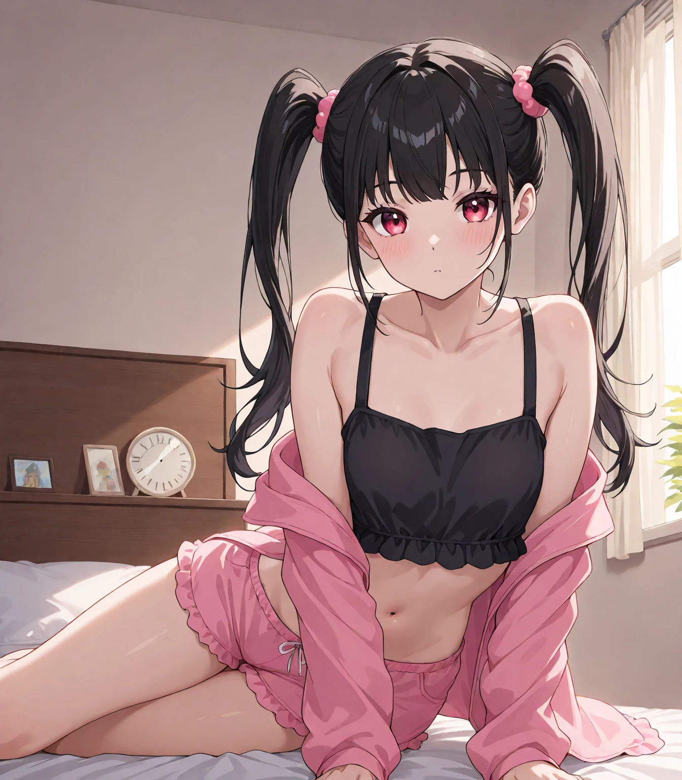 Kanaotsu Yuri, kanao tsuyuri, Black Hair, butterfly, butterfly hair ornament, (Purple eyes:1.1), Side ponytail, ponytail, Alluring face、blush、、My mouth is empty、(((Sitting)))、(((Legs open)))、Touching his crotch with his hands、((indoor))、((sofa))、Cute pink bra、Cute pink panties、Full Body Shot:1.3、
break looking at viewer,
indoorで休憩, Shabby room,
break (Tabletop:1.2), highest quality, High resolution, unity 8k wallpaper, (figure:0.8), (Beautiful fine details:1.6), Highly detailed face, Perfect lighting, Highly detailed CG, (Perfect hands, Perfect ???????),