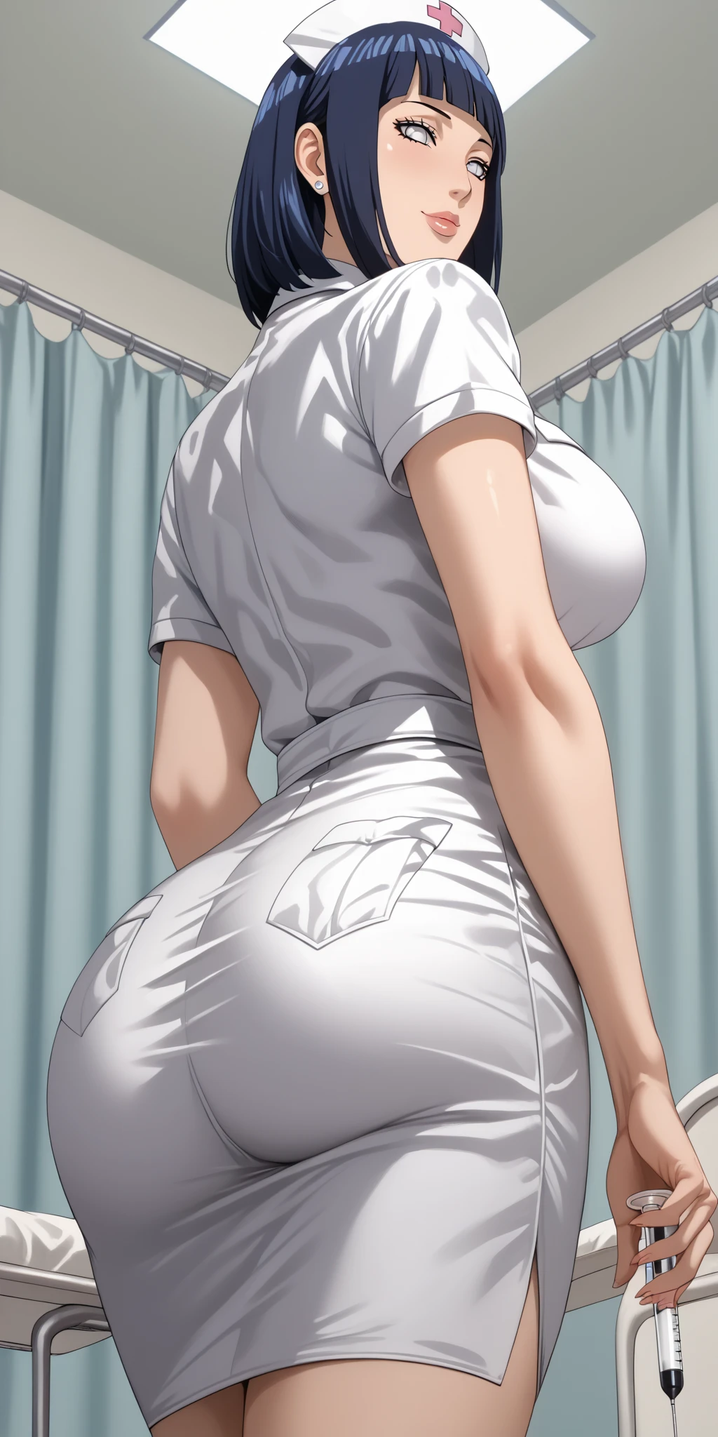 Girl is standing in a doggystyle position, view from the back.

