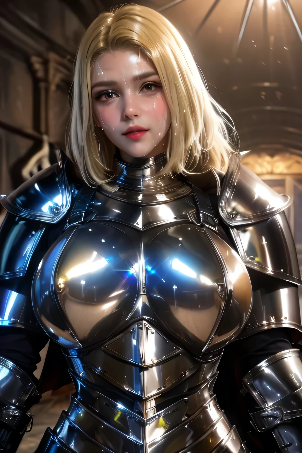 (((huge tit:1.2、Beautiful nipples、large areola:1.2)),(Shiny skin、Oiled skin, glistning skin、high gloss skin,、eye liner、Eye lashes)、(masutepiece, Best Quality),(very intricate:1.3), (Realistic), 1girl in, A MILF, Caucasian, Perfect eyes, Perfect iris, perfect pupils, Perfect lips,Perfect nose, Perfect hands, Highly detailed hands, Perfect fingers,(Light brown hair、Wavy hair、Medium hair) , Small braid in her hair, (Medieval armor), metal reflective, (((Silver armor))), Medieval Europe、Old castle, (Ornately decorated armor), (Insanely detailed, bloom:1.5), Chainmail,, professional photograph of a stunning woman detailed, Sharp Focus, awardwinning, Cinematic lighting, Blurry background, Upper body, ((which are full of confidence)), (Pose:Looking at the camera),mechs,femele、Idol、22year old,(Cool beauties、a smile)、Hair that flutters in the wind