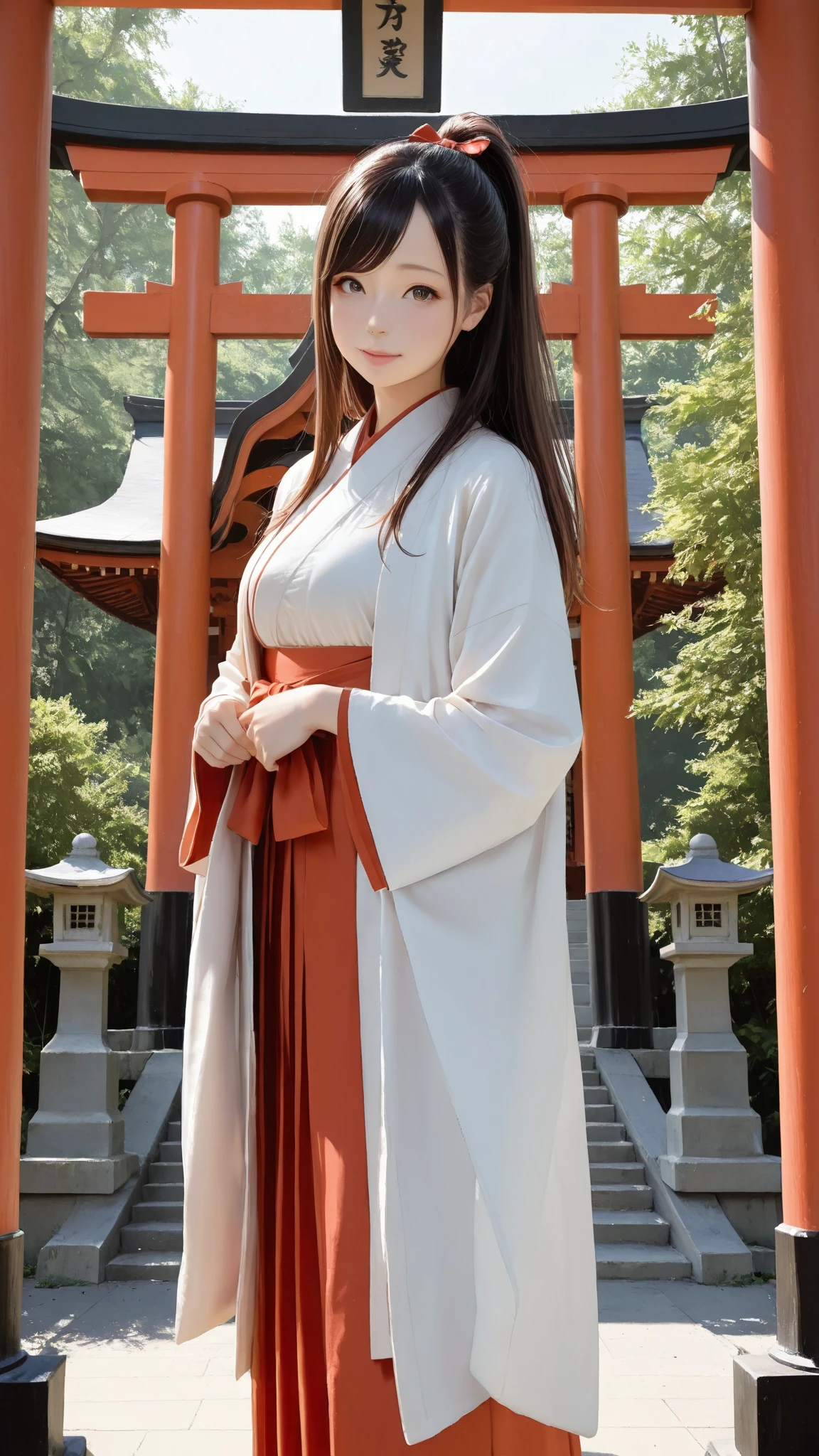 White Robe, Red line from shoulder to hip, a shinto shrine maiden, detailed face, detailed eyes, detailed lips, long straight brown hair, gold simple thin hair band, conservative outfit, holding silver scissors, standing in a shrine courtyard, upper body closeup, high quality, digital art, photorealistic, dramatic lighting, cinematic, masterpiece