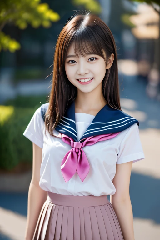 Image resolution 8K、masterpiece:1.3)、Beauty、1 female、(魅力的なbody:1.2)、abdomen:1.1、Dark Brown Hair:1.1、(body:1.2)、Ultra-detailed face、Attractive lips、double eyelid、Super realistic and detailed super cute in a white short sleeve sailor suit and pink skirt、Japanese 、Japanese women、10th generation(17 years old)、There is a forest in the background、Smiling with a nice smile、Hair fluttering in the wind、Take a photo with a nice pose、