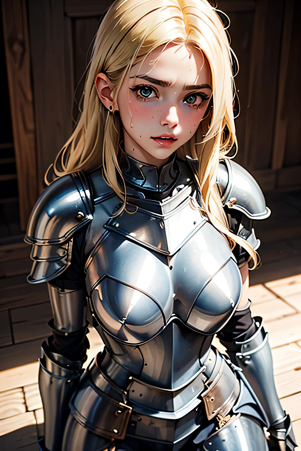 white iron armor、beautiful female holy knight、(((blonde)))up style、((whole body))、(((photo taken from below)))、city