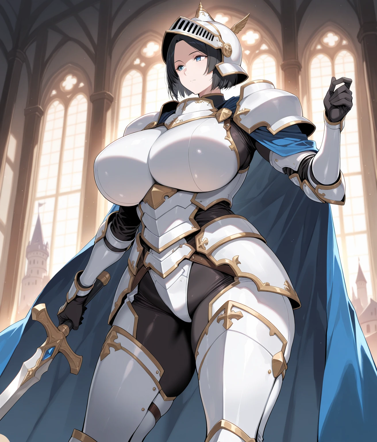 ruanyi0111, belt, white bodysuit, thigh boots, white gloves, katana, white cloak, sheathed, necktie,　
lora:white leather inquisitor,
ASAGIoutfit,
ASAGI,(Realistic:1.2),(Detailed face),(masterpiece),(Highest quality),(Super detailed),(4K, 8k, 16K, High resolution),Sharp focus,{best illustration},
(((Vibrant colors))),Anime Style,(1woman),(Beautiful green eyes,),shiny 肌,very shiny 肌,Shiny body,
plastic glitter 肌,exaggerated shiny 肌,illuminated 肌,(Perfect hands, Perfect Anatomy),
Beautiful Eyes,Symmetrical eyes,Big eyes:1.5,Seductive eyes,mature female,
Asagi (Taimanin),One woman,Perfect beautiful face,((Perfect female body, Tight waist)),Adult mature body,
An athletic body, Muscular,Firm Abdomen,Black Hair,Long Hair, bangs, Hair between the eyes,
(Huge hips:1.1),(Huge breasts, Glamour:1.2),Cleavage,Long legs,Cleavage,erotic,Bold,
(pubic hair),(erection of nipple),Camel Toe,
nsfw, bewitching pose,
Hands on hips, Conceited expression,
Mischievous Smile,
The corners of the mouth turn up,  