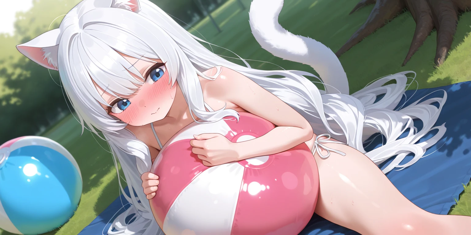 Atlas Fayon woman 40 years, white hair with black stripes ,white tiger ears, closed eyes, mujer ciega con closed eyes, naked, naked big breasts naked, naked, big breasts naked, naked, flirtatious smile ,  floating hair, sexy pose background a sunny beach, WET BODY. big breasts. mature face. full body image.